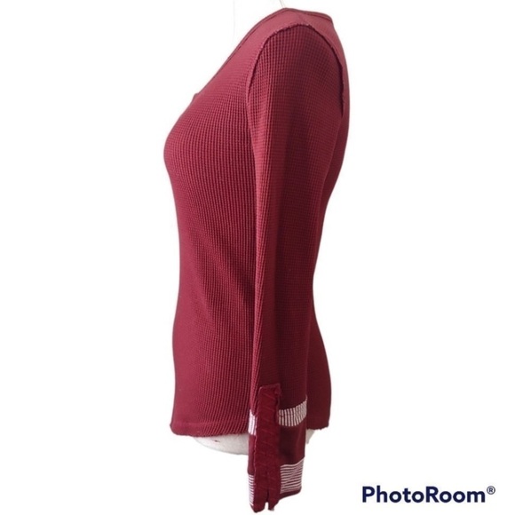 Elodie Casual Burgundy Thermal Waffle Knit Long Sleeve Boho Distressed Cuff top - Picture 5 of 8